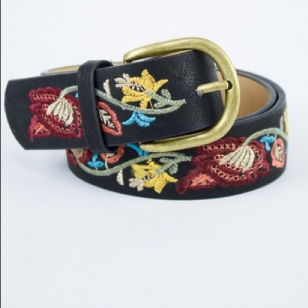Black Flower Embroidered Belt Vegan Leather